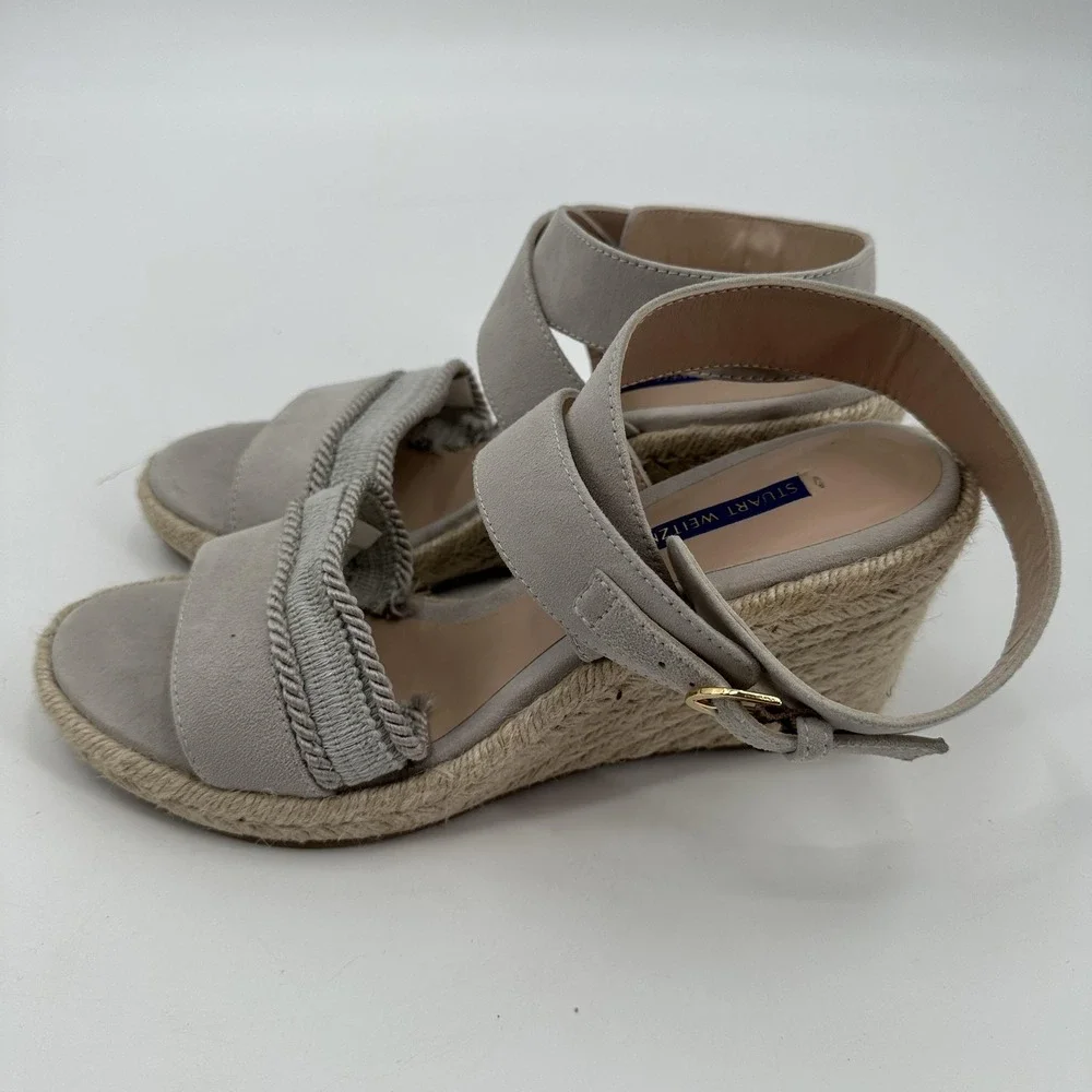 Stuart Weitzman Wedge Sandals Womens Size 9‎ Taupe Suede Espadrille Ankle Strap